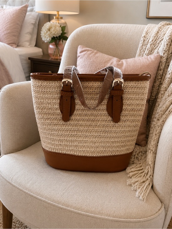 Handbags - Woven Straw Tote with Brown Leather Trim - Neutral